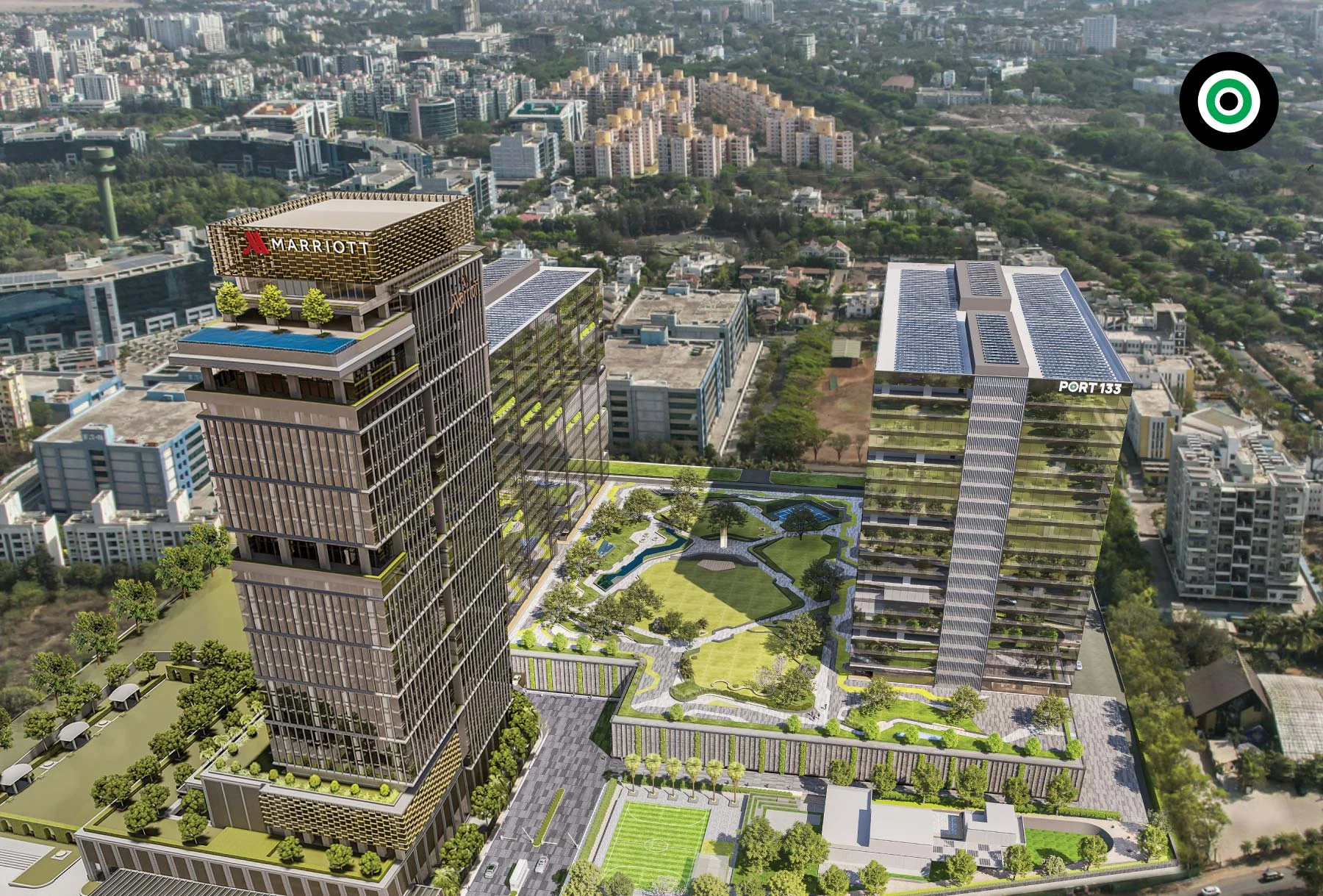 Aerial View of PORT 133 Campus, Towers and Marriott Hotel