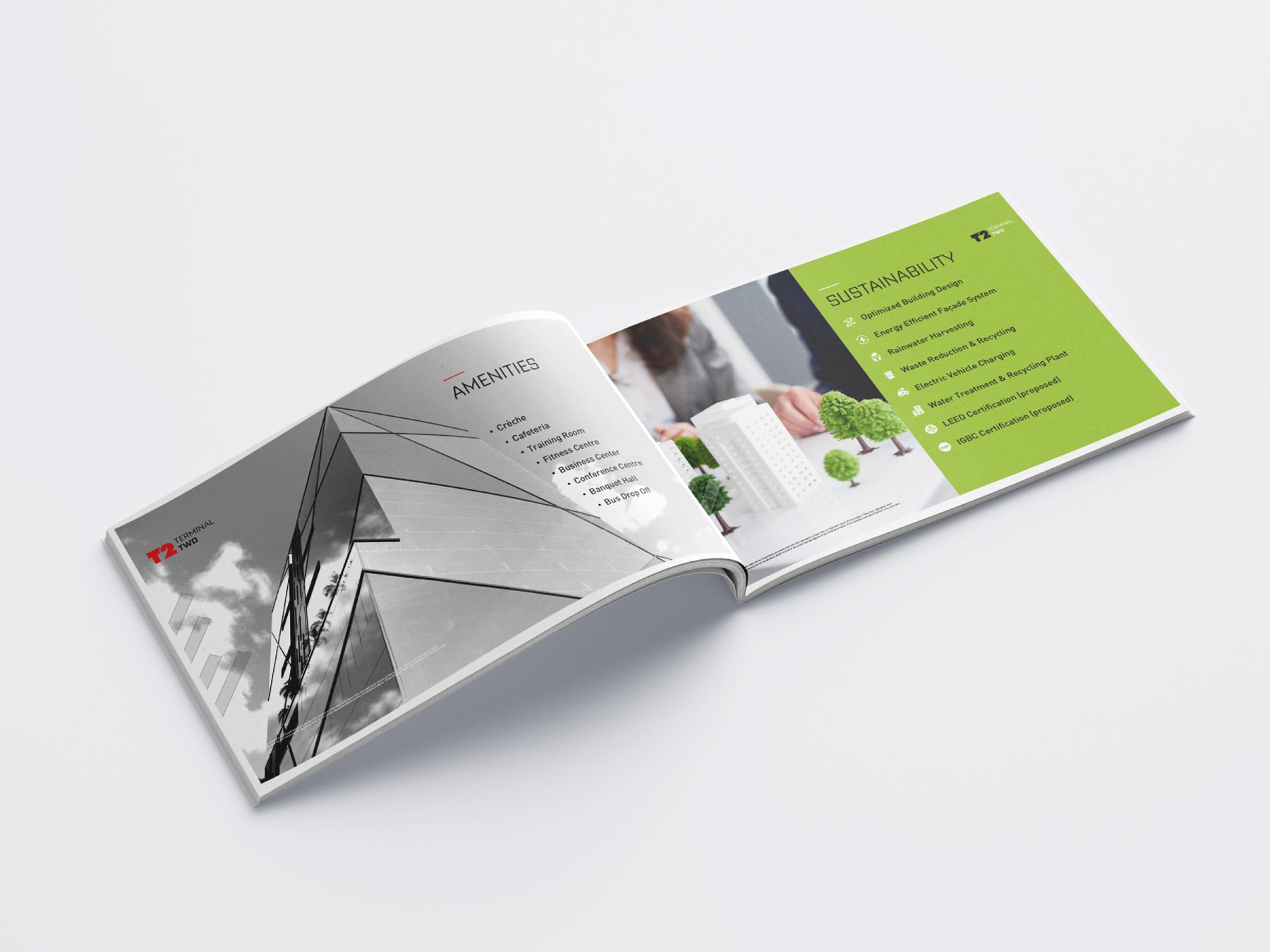 Amenities and sustainability editorial spread for Terminal Two
